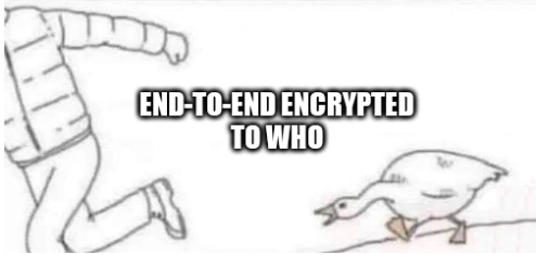 goose chasing person meme template, caption “end-to-end encrypted to who”