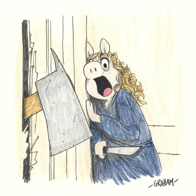 A cartoon illustration of Miss Piggy screaming as an axe bursts through the bathroom door ala the Shining.