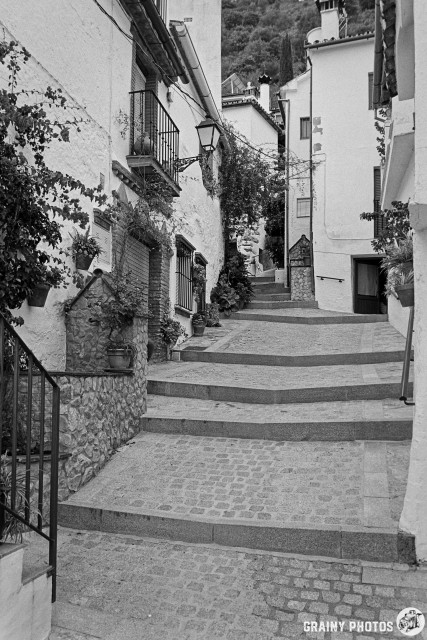 A narrow, winding street with stone steps and whitewashed buildings, adorned with potted plants. A vintage lamp hangs above, creating a charming, serene atmosphere in a picturesque setting.