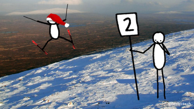 A photo taken from up a snowy mountain, looking over a non-snowy moor below. The image is split diagonally with the bottom right triangle the snowy foreground, dropping off to the top left section of moor. The sun is shining and the snow is dappled with blue shadows. In the distance is another snowy peak, with the flat moor between dark and golden. There are two simple drawn figures. One is wearing a Santa hat and skis, and jumping in a star jump off the edge of the snowy mountainside.  One stands on the right holding a placard with the number 2 on it. They have a hand raised to their face, covering either amusement or alarm. Probably a giggle.