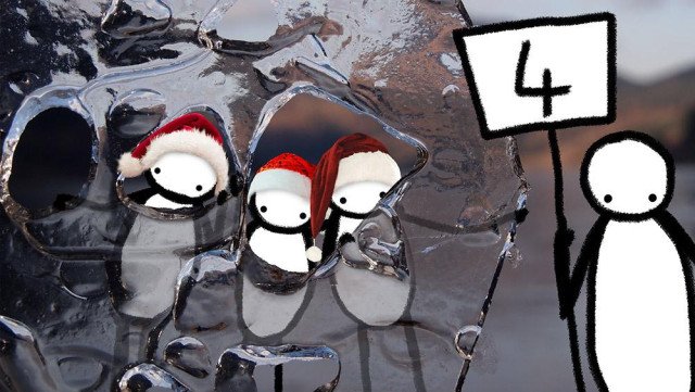 A photo of a Scottish loch with mountain beyond, taken through a sheet of ice with holes through it lifted from the surface of the loch. The ice covers two thirds or so of the frame from the left. On the right a simple scribbled figure stands holding a placard with the number 4 on it. Behind the ice are three more figures, each wearing a Santa hat. They peer through the holes, while holding the ice in place for the photographer.