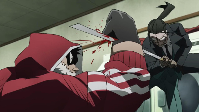 A screenshot from Sanda. Santa fighting Hifumi Oshibu, the headmaster at Daikoku Welfare Academy. The headmaster strikes Santa through his wrist with a sword.