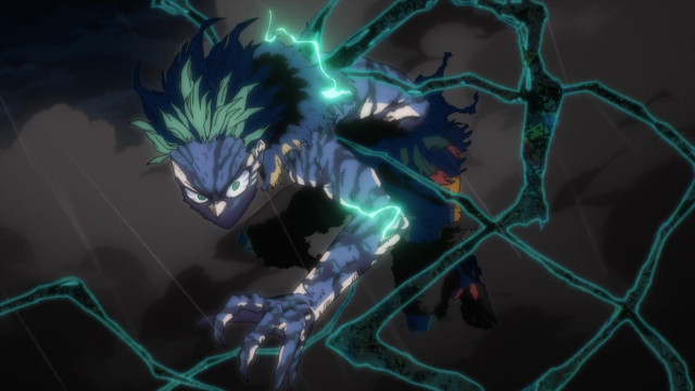 A screenshot from My Hero Academia. Deku is covered in Black Whips, using its power to defend himself as he prepares a counter attack. 