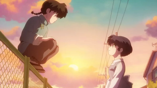 A screenshot from Ranma 1/2. Ranma sits on a fence while talking to Akane. 