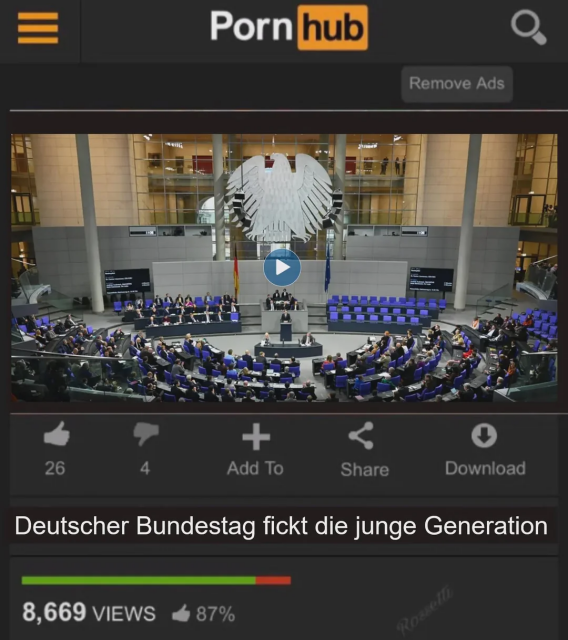 Ein PornHub Video des Bundestags mit dem Titel "Deutscher Bundestag fickt die junge Generation."