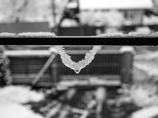The black-and-white photograph captures a delicate winter detail: a thin horizontal rail with a fringe of snow clinging to it. At the center, the snow has melted into a soft V-shaped curve, ending in a single suspended droplet that’s about to fall. The background is blurred, revealing hints of a snowy yard, a fence, and a house, all rendered in soft tones that emphasize the sharp texture of the snow on the rail
