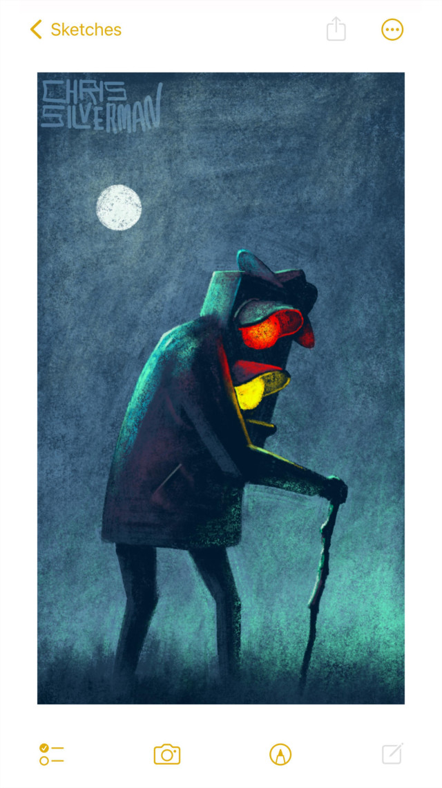 A hunched figure wearing a coat and a hat walks under a gray night sky and a slightly hazy full moon. The figure has a gnarled cane, and might look like an elderly person out for a walk if it weren't for the fact that its entire upper body is a traffic signal, the red and yellow lights blazing. A low fog hangs over the ground. The painting is signed "Chris Silverman".