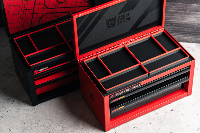 Photo of 2 customized Harbor Freight mini toolboxes. One is black with red accents and Tapbots themed while the other is red with black accents and themed after my upcoming apparel brand project.

In this photo, the top lid is open and the view is from above so you can see 3d printed organizer boxes in the top tray.