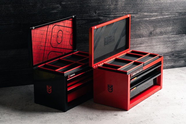 Photo of 2 customized Harbor Freight mini toolboxes. One is black with red accents and Tapbots themed while the other is red with black accents and themed after my upcoming apparel brand project.

In this photo, the top lid is open and you can see the bins in the top tray from another angle.