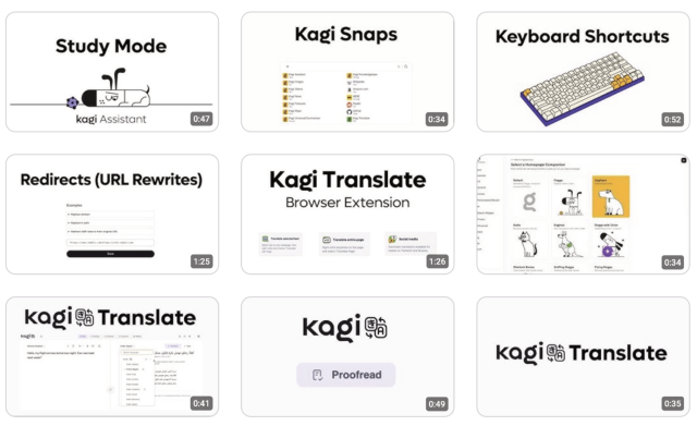 Collection of YouTube video thumbnails showcasing Kagi product features, including Kagi Translate, keyboard shortcuts, Assistant's study mode, Snaps, and URL redirects.