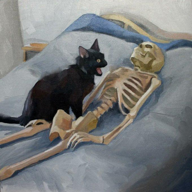Illustration of a black cat insistently mewing at a skeleton lying on a bed, presumably its owner.