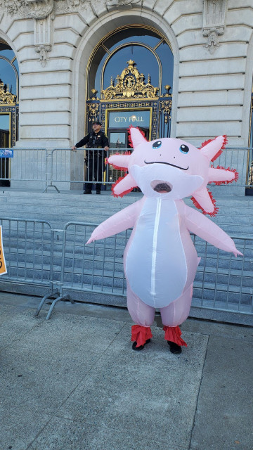 Photo of me, in an Axolotl suit, in front of San Francisco City Hall. There are two layers of barricades behind me, between me and the building, and a police officer standing at the top looking out at the crowd of protesters.