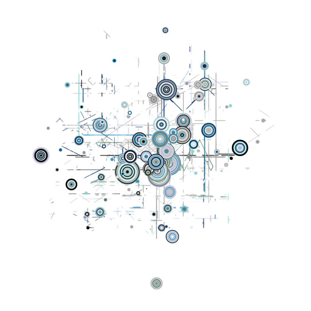 Abstract generative/procedural art inspired by Chemistry and created wit a particle system. There are many circles and lines. Difficult to describe.