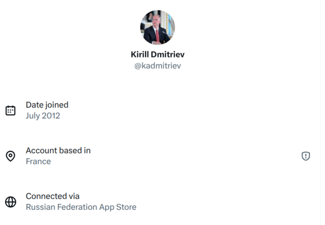 Dmitriev profile showing "account based in France" with VPN flag, but app "connected to Russian Federation App Store"