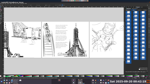 Inkscape, with coloring book project from September.

Shows the Inkscape canvas, UI widgets, and a selector with individual pages, using the "multipage" feature.