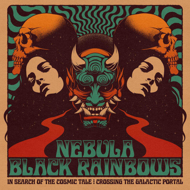 Album cover art of a mirror immage of a skull and a person with long black hair with their face itlted, feeling it, and in the center is someone wearing a dragon mask and there's red rivers going from them in the black of her hair and what looks like space, to the words, NEBULA BLACK RAINBOWS, and in smaller words, IN SEARCH OF THE COSMIC TALE: CROSSING THE GALACTIC PORTAL
