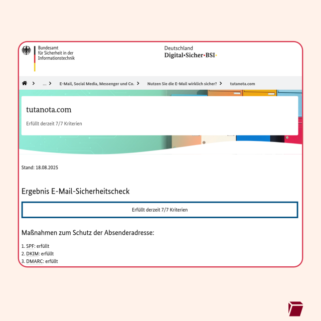 Screenshot of BSI website with Tuta results: achieved 7 out of 7 possible points.