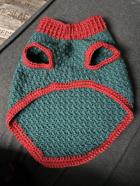 The jumper on its own. The main part is green crocheted in a textured pattern. The collar is red, as is the trim around the edge and the leg holes. The jumper is wide and short. 