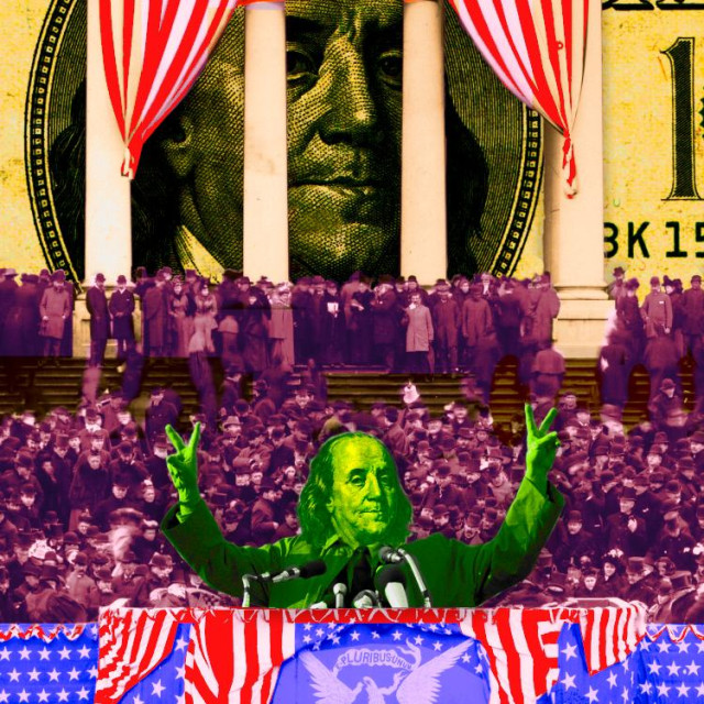 


The second inauguration of Grover Cleveland (1893) before a bunting-draped Library of Congress. The image has been colorized. Cleveland has been replaced with a politician figure making 'V' fingers in front of a bank of microphones; the politician's head has been replaced with Benjamin Franklin's head from a 1999 issue US $100 bill. That same bill has been matted in as the background of the inauguration scene.
