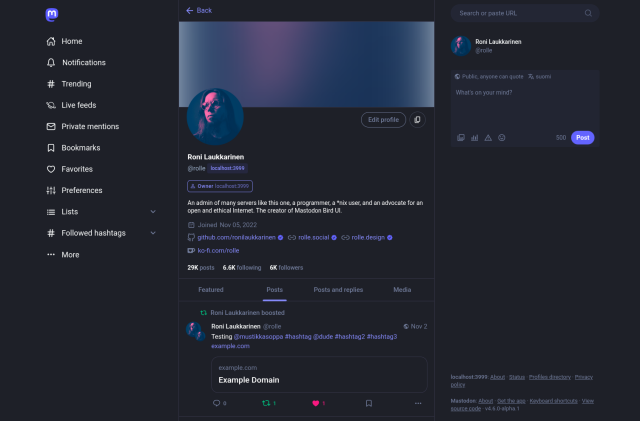 Screenshot of Mastodon v4.6.0-alpha.1 + Mastodon Bird UI 4.0.0rc