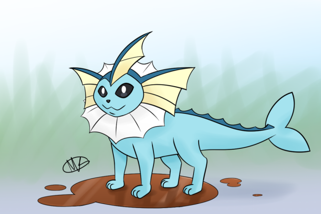 Vaporeon standing in a brown puddle with a blank look on its face. 
