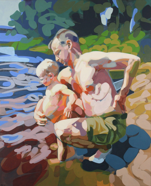 A vertical composition of a slightly abstracted depiction of a father crouching on a river bank while protectively holding a naked toddler who is staring at the water. Lots of squiggly shapes in opaque colours overlapping to form the water, sand, and trees in the background.