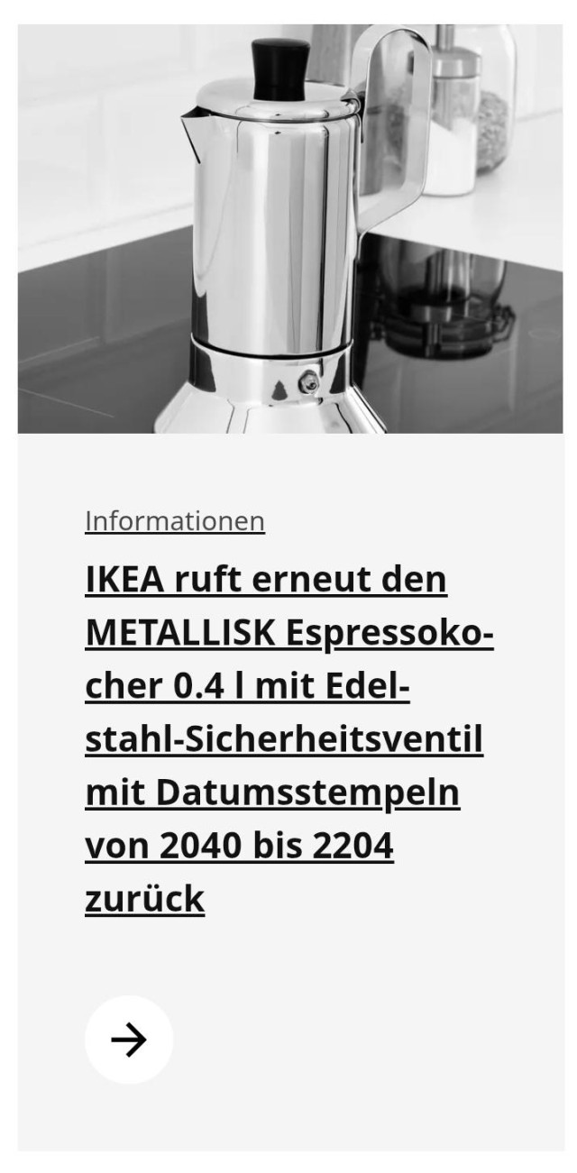 Screenshot des Rückrufes des Espresso-Kochers von IKEA