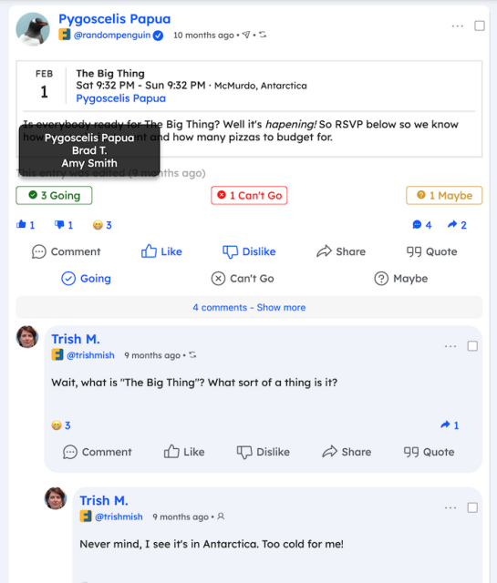 On Event Posts click on the engagement count to see a popover list of who is going, can't go, or is a solid maybe.