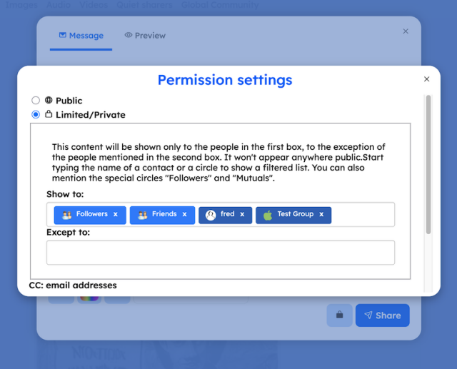 Modals stack. Permissions changes the padlock icon on the Compose window button