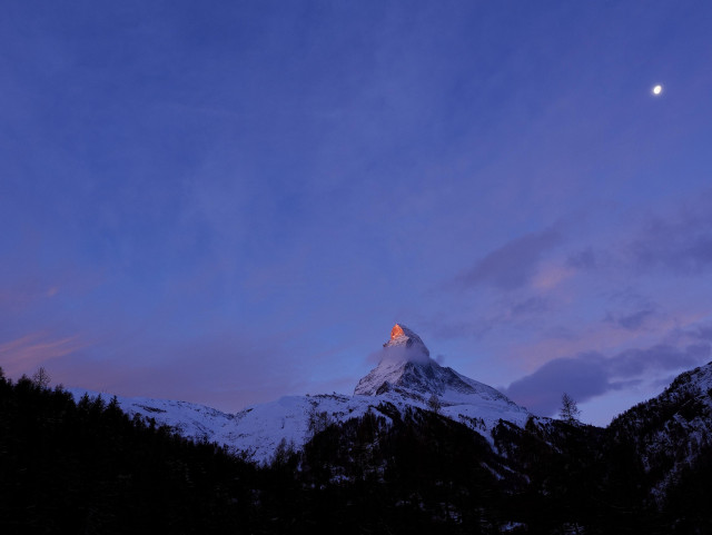 A sunrise view of the snow-covered Matterhorn mountain, partially shrouded in clouds, with the peak illuminated in red against a twilight sky filled with shades of blue and purple. A crescent moon is visible in the upper right corner. The foreground is dark forest. 