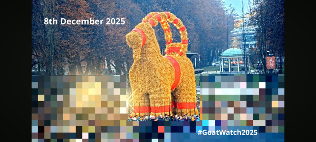 The Gävle Goat on the morning of 8th of December 2025. 

Picture shows a large straw effigy of a goat with red trimmings surrounded by a fence. Behind the goat a tree lined esplanade and the Gävle theatre are visible. Parts of the image are pixelated to obscure people passing by. In an unpixelated area near the bottom of the screen a crowd of people are visible outside the fence.

Picture from YouTube Live Feed. 
