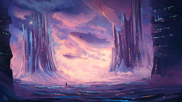 A rare event is happening at the coast of a small futuristic island in pastel colors (blue, purple, pink, orange, yellow). Ancient but modern high sci-fi structures frame whales flying in the sky. Some of these whales look like clouds; maybe they are their ancestors, or these clouds only form these shapes to follow them to their destination. Are they on the way to a new galaxy, welcoming a newborn whale, or saying goodbye to a loved one? Humans or humanoids, along with their cute tiny bodyguards, are enjoying the peaceful view.
https://www.deviantart.com/sylviaritter/art/Speedpainting-08122025-1273038653