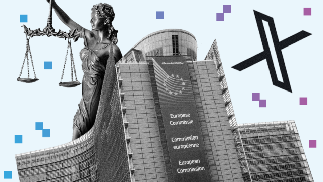The European Commission's building with a symbol of justice and X's logo in the background