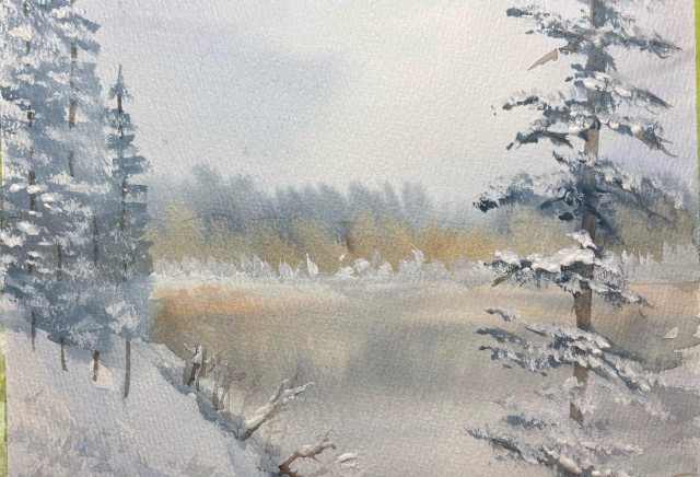 Painting of a pond in winter with a larger spruce in the foreground. 