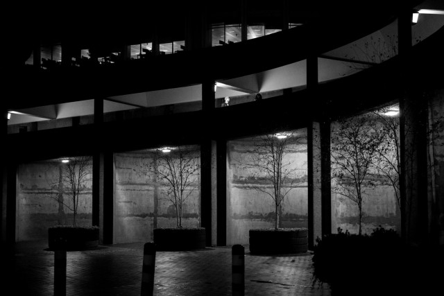 Night black & white photo of a series of four deep alcoves in a wall that curves in towards the right edge. Each alcove has a lamp at the apex of its roof that illuminates a spindly leafless tree standing in a circular planter below. Above the trees is an enclosed path, also lit from within, with a single person walking rightwards from the middle. Above in the darkness are a glowing office windows.