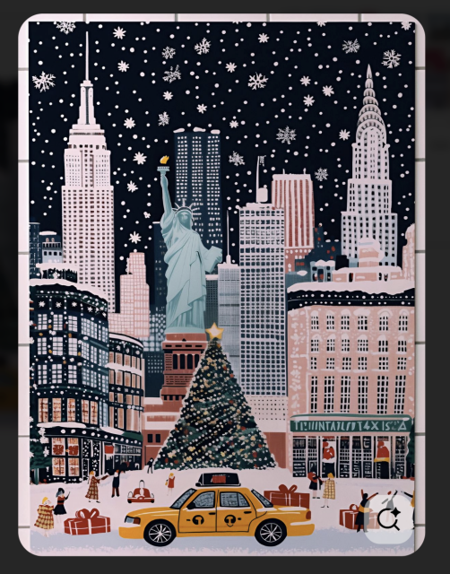 an illustration of a snowy NYC with the statue of Liberty smack in the center of the city, a yellow taxi with blurry "T" on the car doors and a store on the right with an unreadable sign