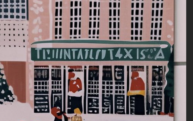 a screenshot showing a zoomed in part from the larger illustration... the store sign is impossible to read, it's a mix of weird letters and numbers