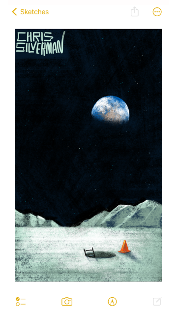 A view from the surface of the moon: a vast white expanse under a starry black sky. In the top right of the sky sits the earth, a blue and brown half-moon covered with white clouds. Visible in the distance are mountains. Closer to the viewer is a round hole in the ground. A ladder is sticking out of it, leading down to who knows where. Next to the hole is an orange warning cone. The painting is signed "Chris Silverman".