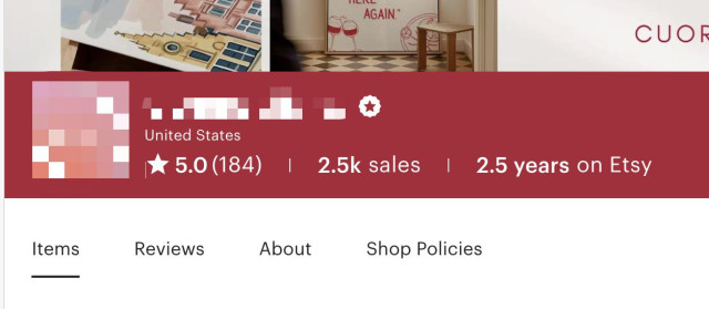 a screenshot of the banner of the Etsy shop selling AI-generated illustrations of cities. I pixelated the logo and the name of the shop but you can read: 5 star ratings (184 in total), 2.5k sales and 2.5 years on Etsy