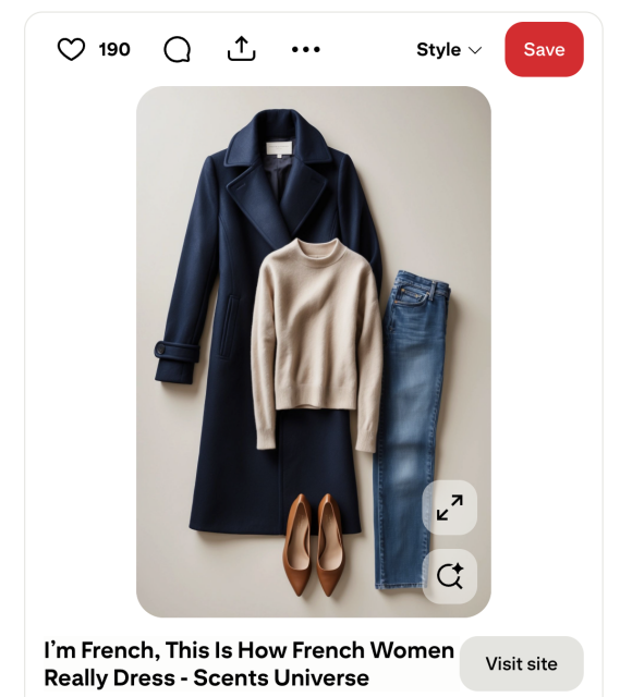 a screenshot of a pin with the title "I'm French, this is how French women really dress" with an obviously AI generated photo of a blue trenchcoat, a beige sweater, blue jeans and camel colored pumps hovering in the air over them