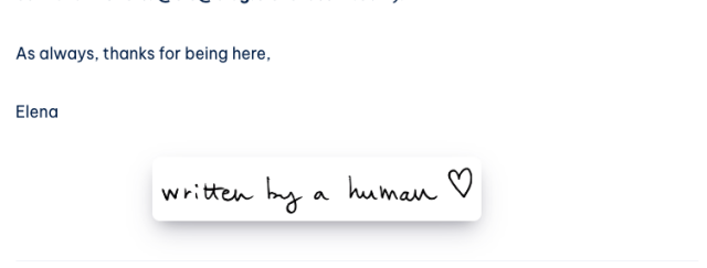 a screenshot of a blog post... there is a picture inserted that is a scan of my own handwriting that reads: "written by a human" with a heart symbol drawn in, too