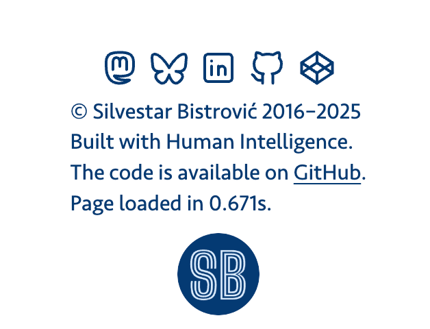 Screenshot of silvestar.codes footer with a paragraph saying “Built with Human Intelligence”.