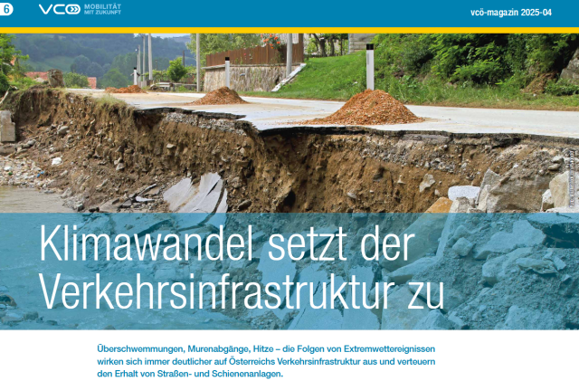 Ausschnitt aus VCÖ-Magazin, Titel "Klimawandel setzt der Verkehrsinfrastruktur zu" Link zum Text https://vcoe.at/news/details/klimawandel-setzt-der-verkehrsinfrastruktur-zu
