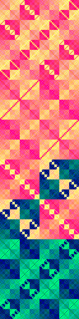 A reddish orange tiling that transitions to a bluish green tiling with several diagonal patterns across the tiles.