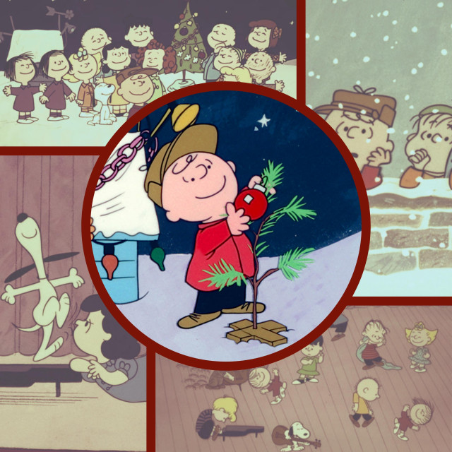 A compilation of images from the film, with four screenshots showcasing several key scenes from it, in a slightly faded tone serving as the background, and a circle with a fully coloured image of Charlie Brown hanging one single ornament on his little tree with a smile on his face, taking centre stage.