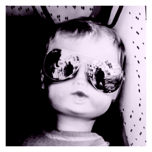 Daylight photography.
A puppet head  wearing bright sunglasses reflecting the other side.