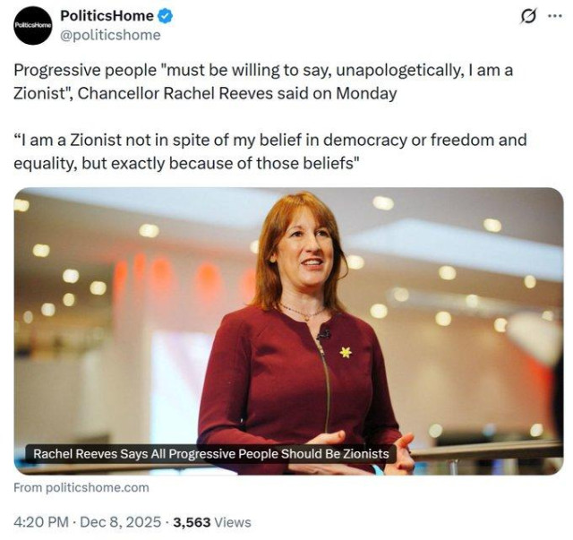 Politics Home

Progressive peple "must be willing to say, unapologetically, I am a Zionist", Chancellor Rachel Reeves said on Monday.

"I am a Zionist not in spite of my belief in democracy or freedom and equality, but exactly because of those beliefs."