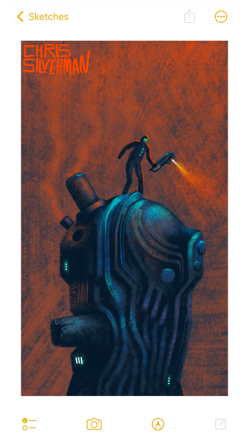 A dystopian background of dull orange, lighter towards the top, as though sunlight is reflecting off fog. Dominating the canvas is a huge, otherworldly something: a weird mix of industrial and organic elements. The something is metallic blue with tinges of rust, and is covered with curved bars and striations. Sticking off it at odd angles are cylinders, some of which are giving off orange smoke. It has small glowing greenish-white lights at various points on its body. Its size—approximately that of a small house—is conveyed by the person standing on top of it. The person is carrying an unidentifiable high-tech tool that looks sort of like a wrench, spitting a jet of orange fire. The person is wearing a suit with a glowing green visor and three glowing white buttons. The painting is signed "Chris Silverman".