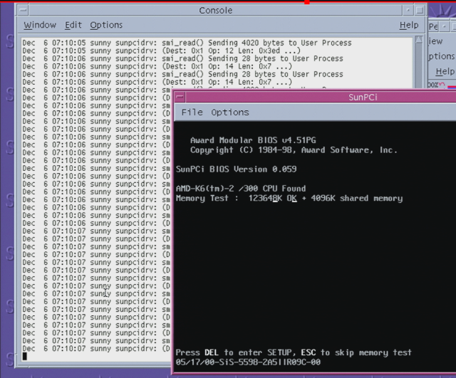 A picture of the SunPCi window booting with lots of debug messages behind it.