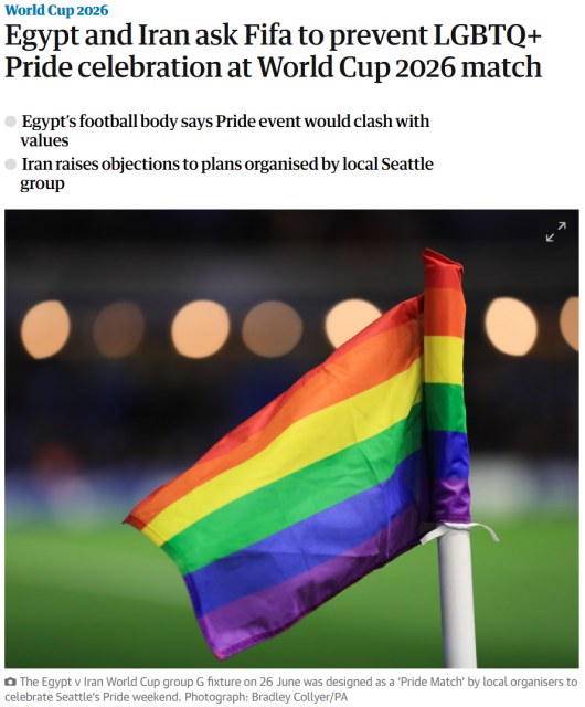 World Cup 2026
Egypt and Iran ask Fifa to prevent LGBTQ+ Pride celebration at World Cup 2026 match
Egypt’s football body says Pride event would clash with values
Iran raises objections to plans organised by local Seattle group
The Egypt v Iran World Cup group G fixture on 26 June was designed as a ‘Pride Match’ by local organisers to celebrate Seattle’s Pride weekend. Photograph: Bradley Collyer/PA